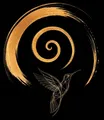 Logo WEYU : cercle doré tracé au pinceau, spirale et colibri